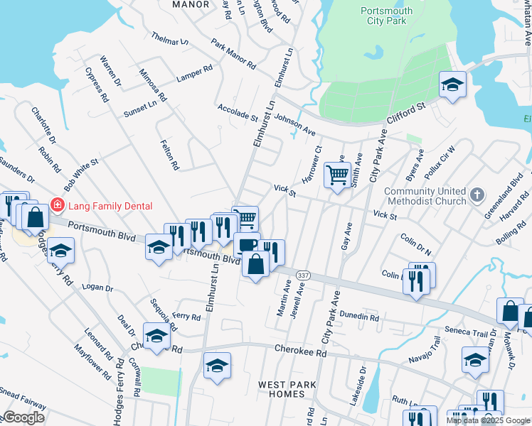 map of restaurants, bars, coffee shops, grocery stores, and more near 24 Roberts Court East in Portsmouth