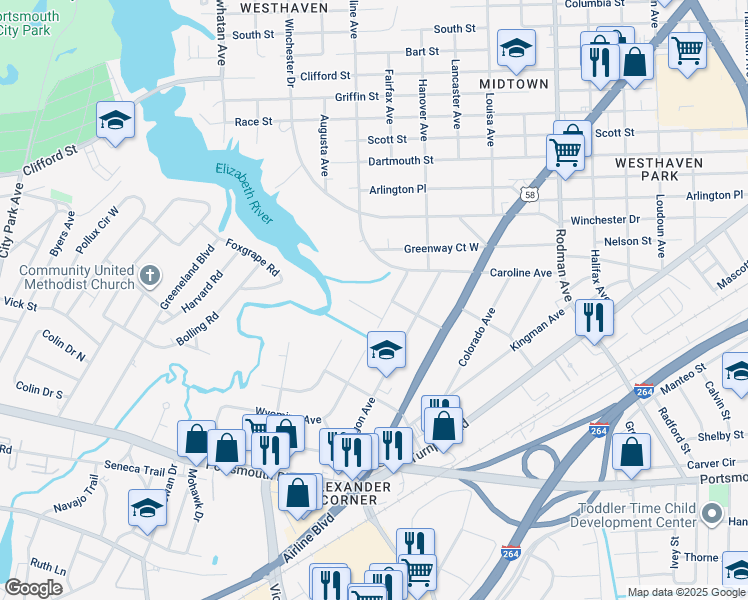 map of restaurants, bars, coffee shops, grocery stores, and more near 308 Arizona St in Portsmouth