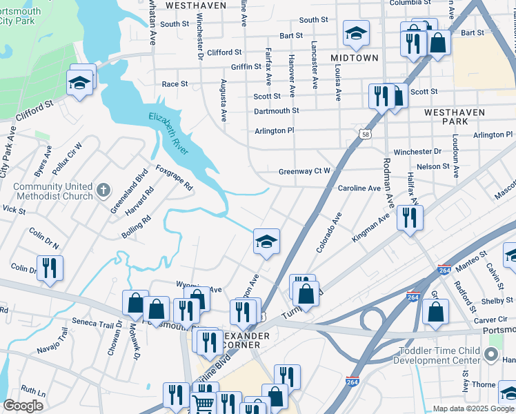 map of restaurants, bars, coffee shops, grocery stores, and more near 308 Arizona Street in Portsmouth