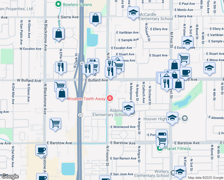 map of restaurants, bars, coffee shops, grocery stores, and more near 5730 North Fresno Street in Fresno