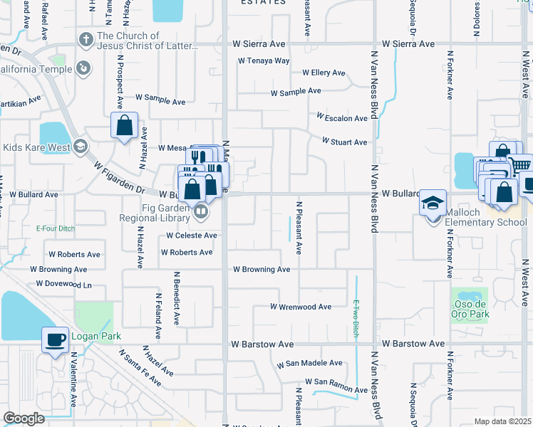 map of restaurants, bars, coffee shops, grocery stores, and more near 5784 North Monte Avenue in Fresno