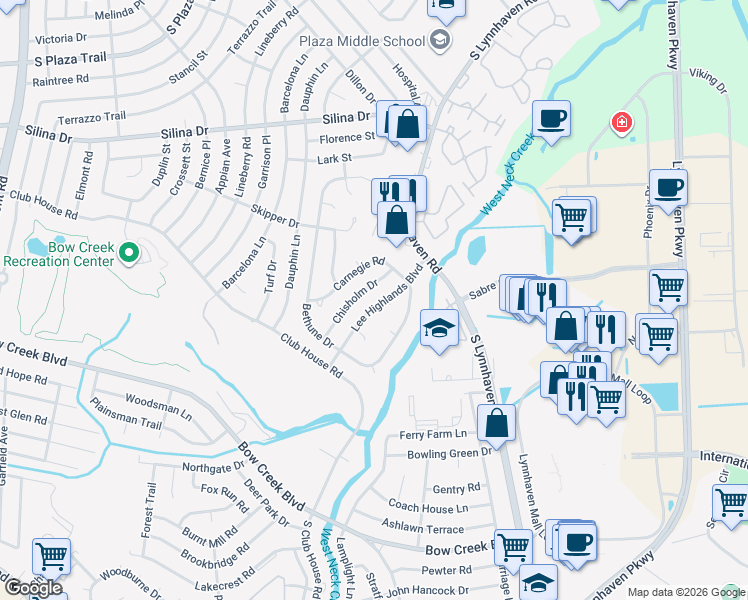 map of restaurants, bars, coffee shops, grocery stores, and more near 425 Lee Highlands Boulevard in Virginia Beach
