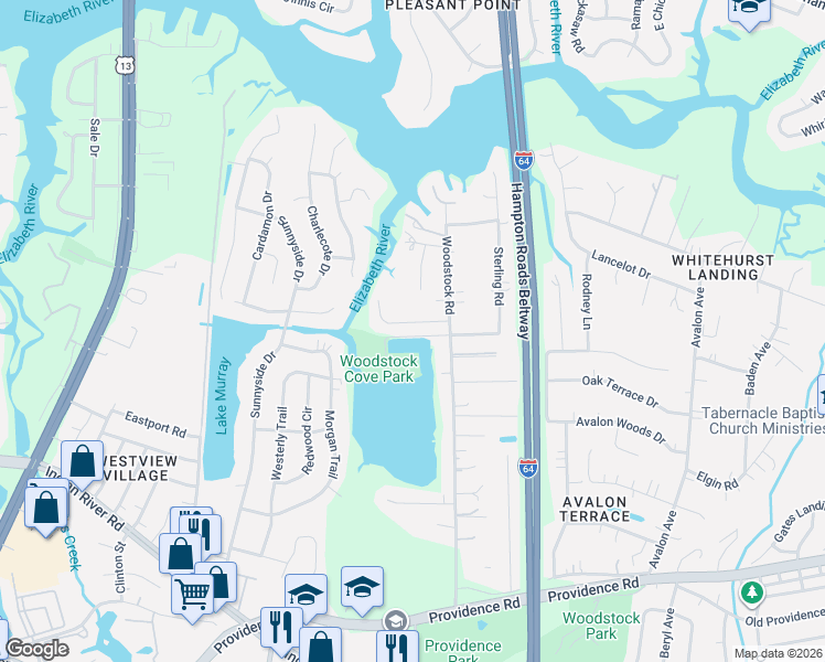 map of restaurants, bars, coffee shops, grocery stores, and more near 5925 Woodhaven Court in Virginia Beach