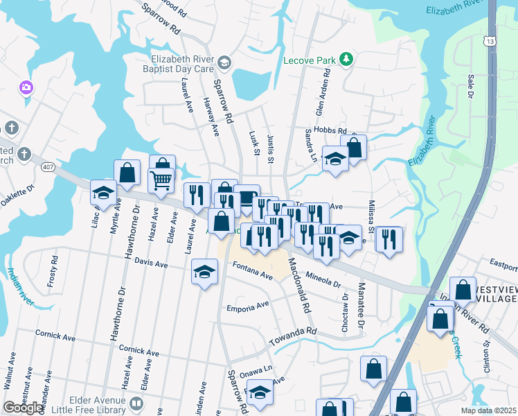 map of restaurants, bars, coffee shops, grocery stores, and more near 1012 Justis Street in Chesapeake