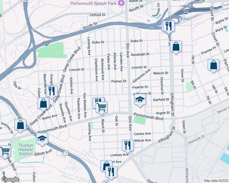 map of restaurants, bars, coffee shops, grocery stores, and more near 2201 Atlanta Avenue in Portsmouth