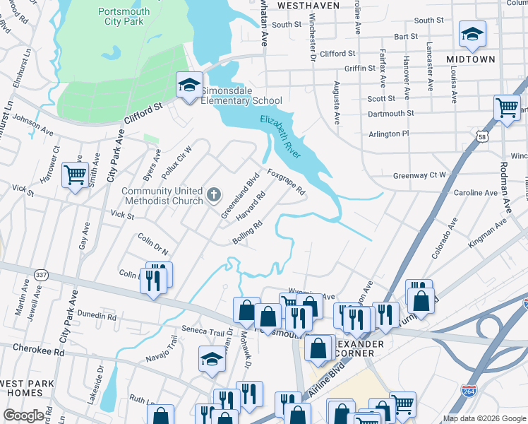 map of restaurants, bars, coffee shops, grocery stores, and more near 42 Harvard Road in Portsmouth