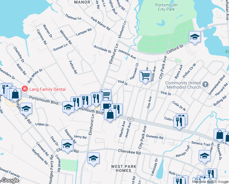 map of restaurants, bars, coffee shops, grocery stores, and more near 24 Roberts Court East in Portsmouth