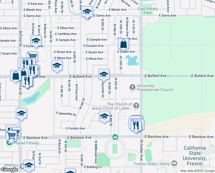 map of restaurants, bars, coffee shops, grocery stores, and more near 5736 North 8th Street in Fresno