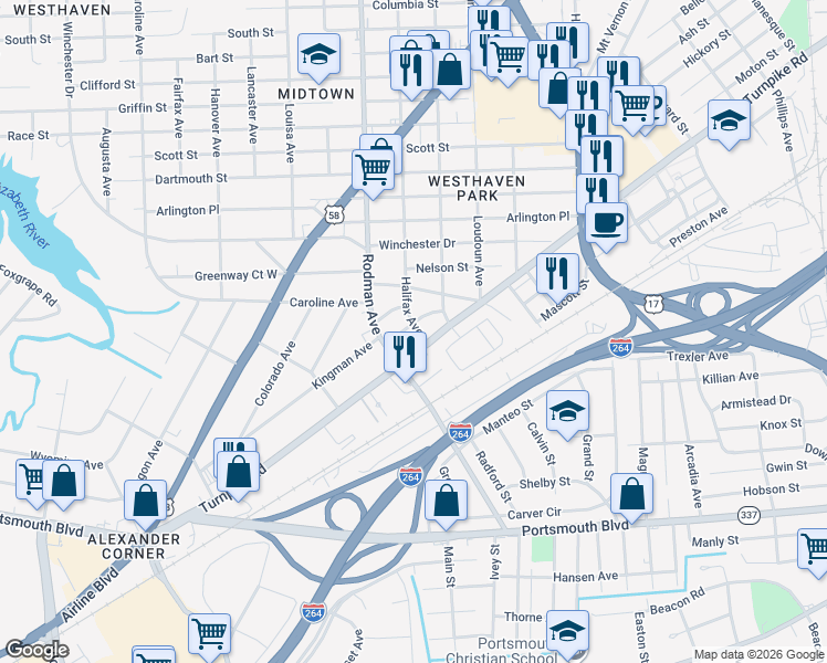 map of restaurants, bars, coffee shops, grocery stores, and more near 3601 Kingman Avenue in Portsmouth