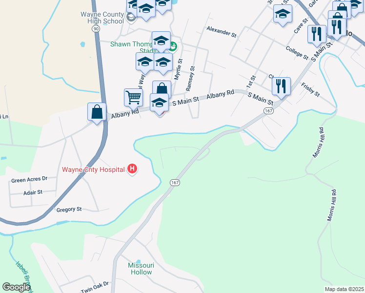 map of restaurants, bars, coffee shops, grocery stores, and more near Creek View Sub Road in Monticello