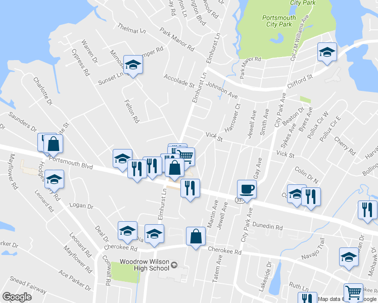 map of restaurants, bars, coffee shops, grocery stores, and more near 105 Mimosa Road in Portsmouth