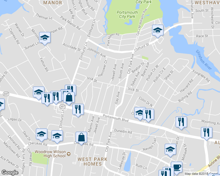 map of restaurants, bars, coffee shops, grocery stores, and more near 805 Jewell Avenue in Portsmouth