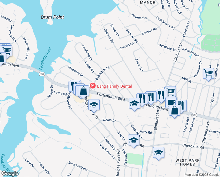 map of restaurants, bars, coffee shops, grocery stores, and more near 203 Robin Road in Portsmouth