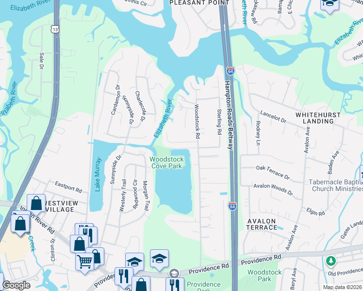 map of restaurants, bars, coffee shops, grocery stores, and more near 5925 Woodhaven Court in Virginia Beach