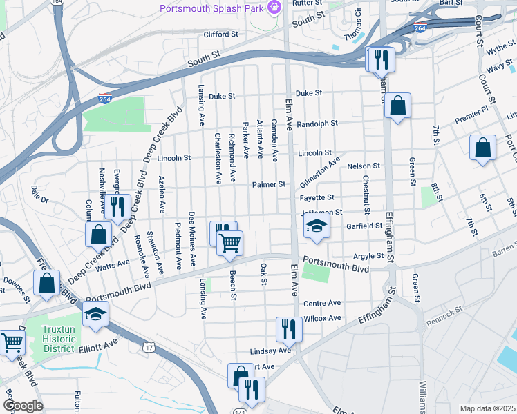 map of restaurants, bars, coffee shops, grocery stores, and more near 2201 Atlanta Avenue in Portsmouth