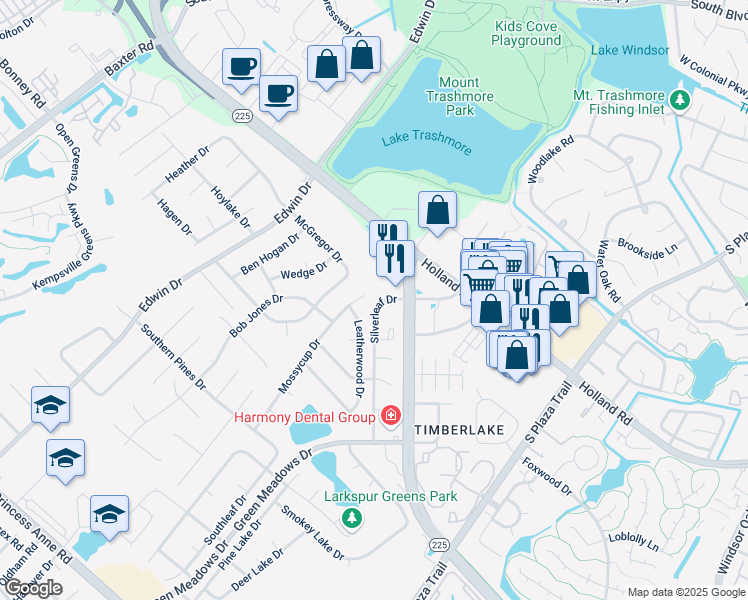 map of restaurants, bars, coffee shops, grocery stores, and more near 500 Mossycup Drive in Virginia Beach