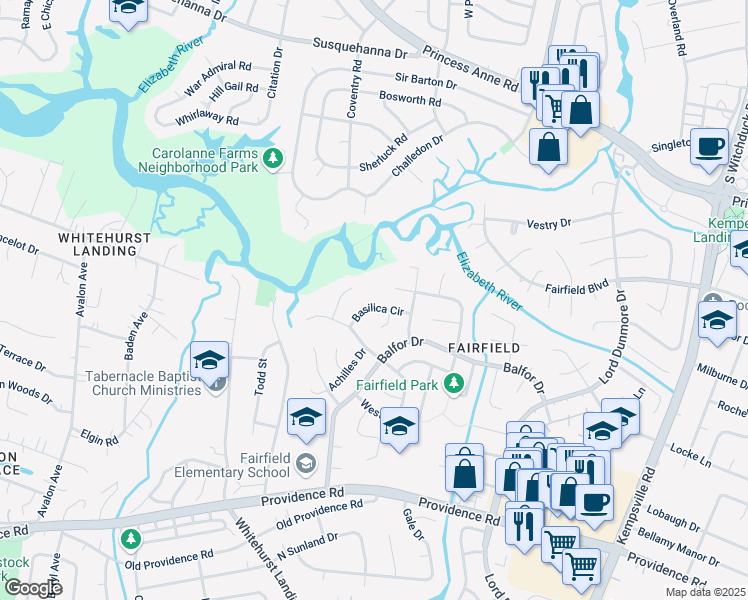 map of restaurants, bars, coffee shops, grocery stores, and more near 5340 Basilica Circle in Virginia Beach