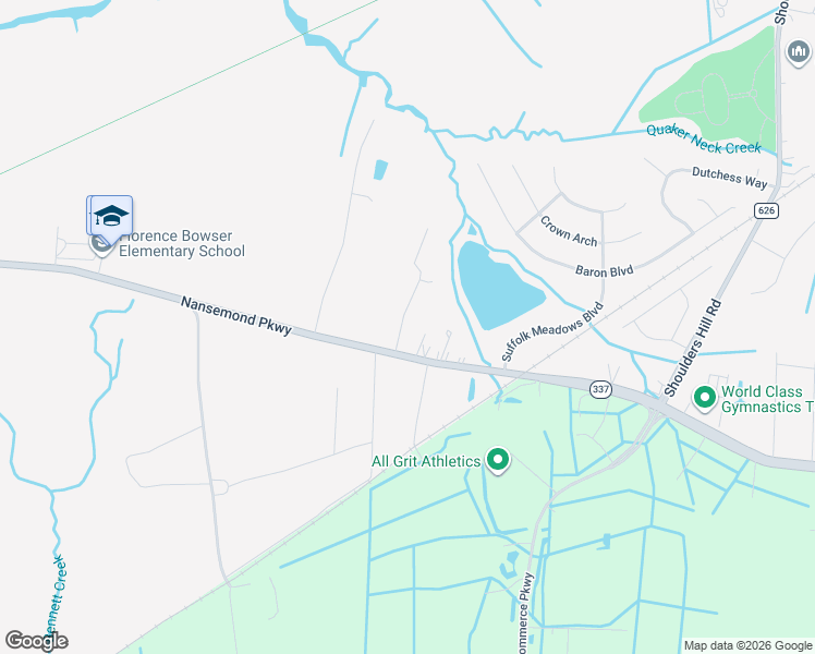 map of restaurants, bars, coffee shops, grocery stores, and more near 4108 Berwyn Way in Suffolk