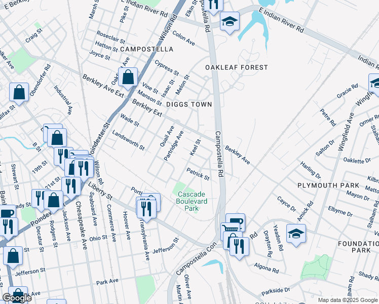 map of restaurants, bars, coffee shops, grocery stores, and more near 2046 Christian Avenue in Chesapeake