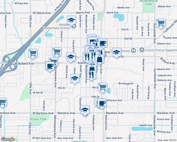 map of restaurants, bars, coffee shops, grocery stores, and more near 705 Woodworth Avenue in Clovis