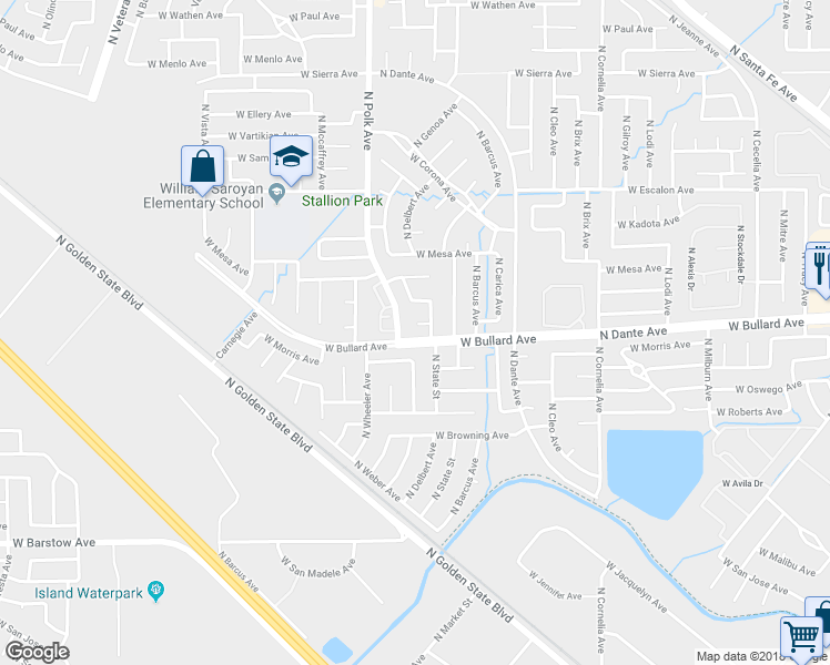 map of restaurants, bars, coffee shops, grocery stores, and more near 6049 North Delbert Avenue in Fresno