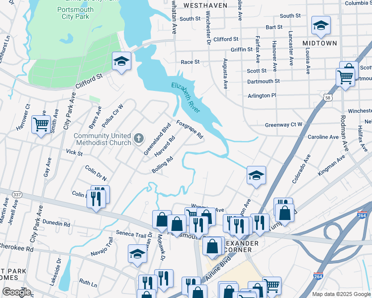 map of restaurants, bars, coffee shops, grocery stores, and more near 20 Foxgrape Road in Portsmouth