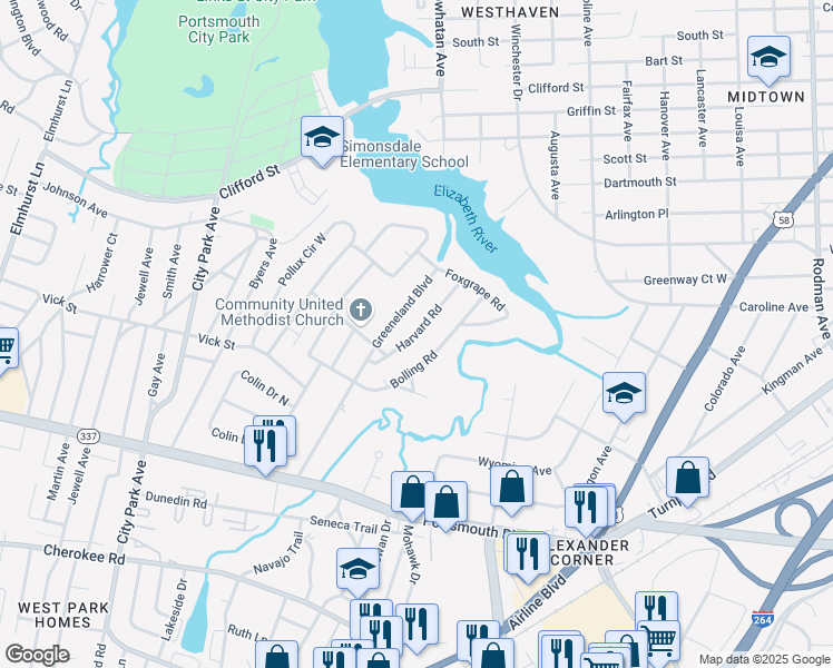 map of restaurants, bars, coffee shops, grocery stores, and more near 31 Harvard Road in Portsmouth