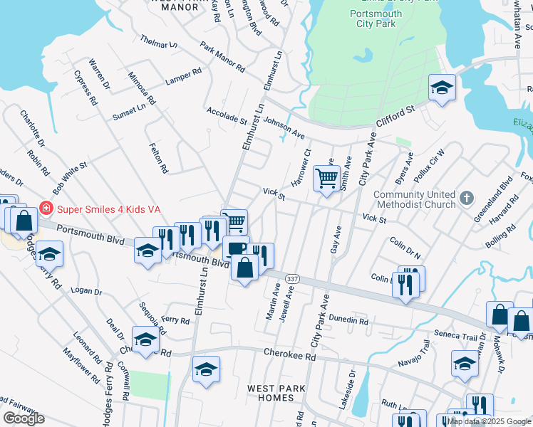 map of restaurants, bars, coffee shops, grocery stores, and more near 24 Roberts Court East in Portsmouth