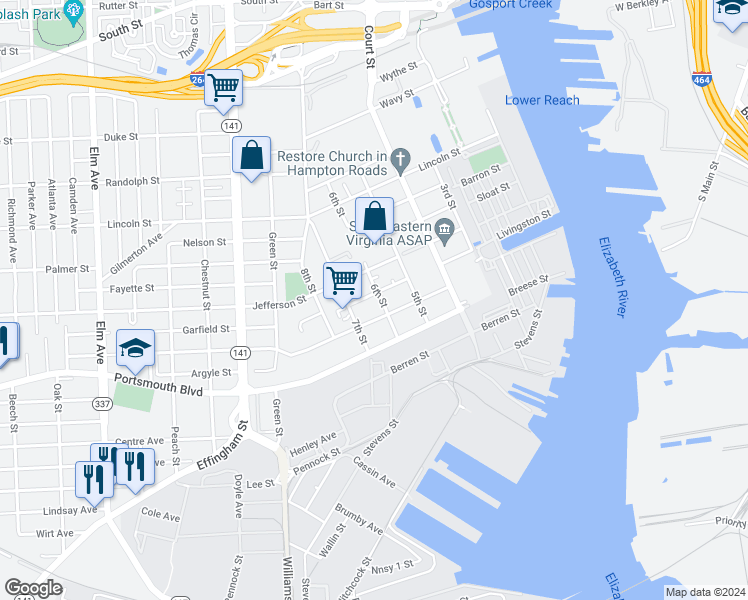 map of restaurants, bars, coffee shops, grocery stores, and more near 541 Edwards Street in Portsmouth
