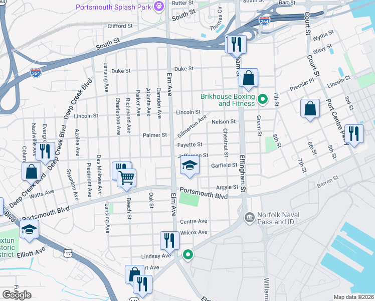 map of restaurants, bars, coffee shops, grocery stores, and more near 2206 Pearl Street in Portsmouth