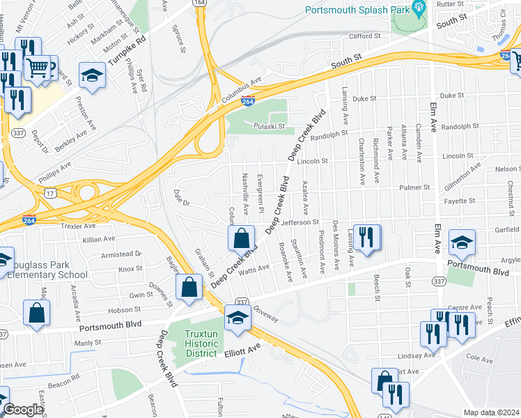 map of restaurants, bars, coffee shops, grocery stores, and more near 2115 Evergreen Place in Portsmouth