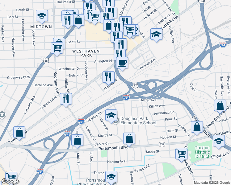 map of restaurants, bars, coffee shops, grocery stores, and more near 289 Choate Street in Portsmouth