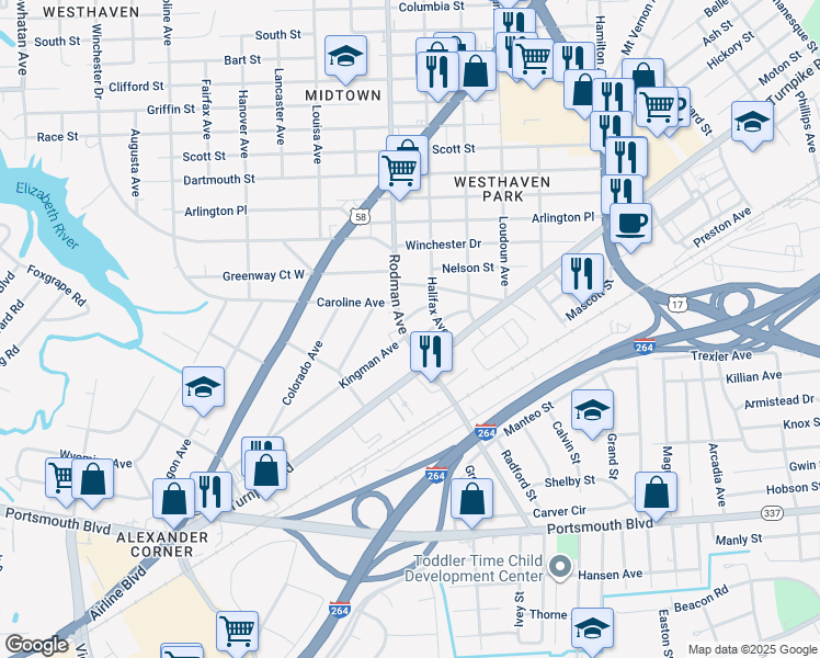 map of restaurants, bars, coffee shops, grocery stores, and more near 2108 Rodman Avenue in Portsmouth