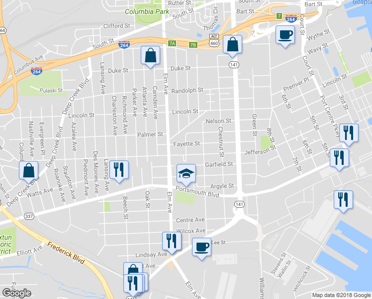 map of restaurants, bars, coffee shops, grocery stores, and more near 2214 Pearl Street in Portsmouth