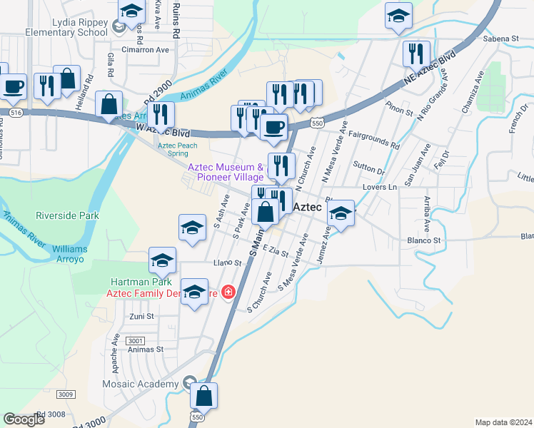 map of restaurants, bars, coffee shops, grocery stores, and more near 112 South Main Avenue in Aztec
