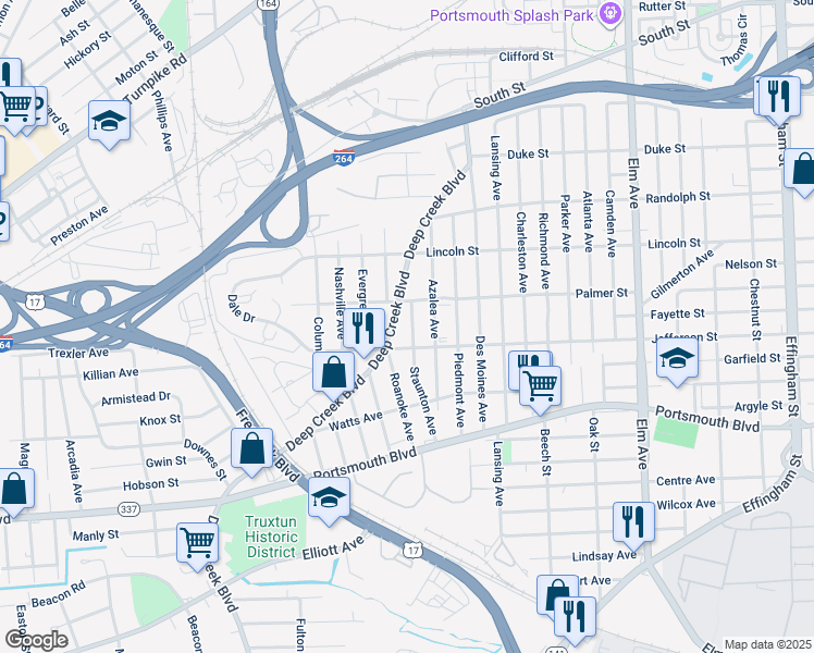 map of restaurants, bars, coffee shops, grocery stores, and more near 2114 Staunton Avenue in Portsmouth