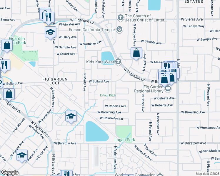 map of restaurants, bars, coffee shops, grocery stores, and more near 5758 North Malsbury Avenue in Fresno