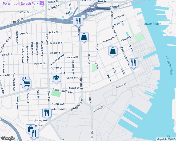 map of restaurants, bars, coffee shops, grocery stores, and more near 2224 Green St in Portsmouth