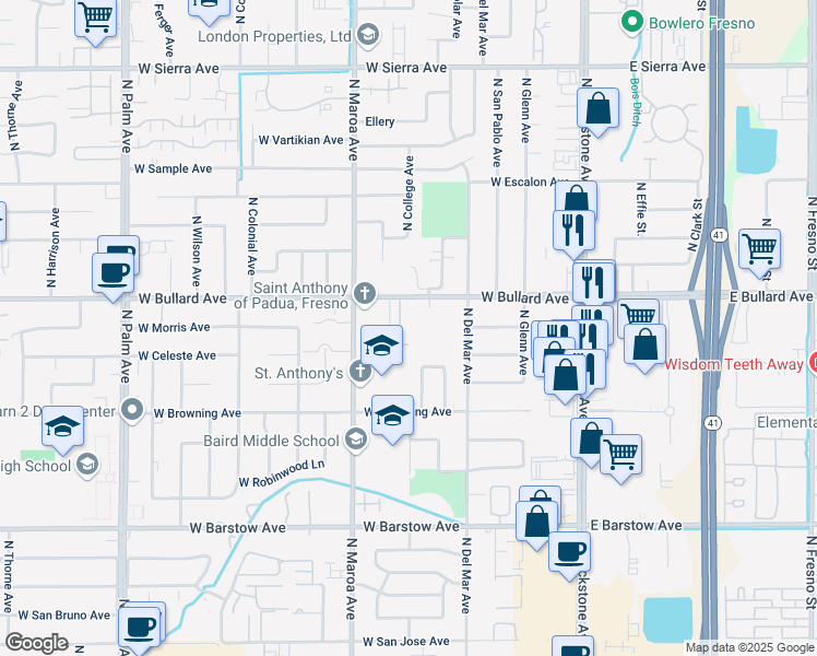 map of restaurants, bars, coffee shops, grocery stores, and more near 311 West Bullard Avenue in Fresno
