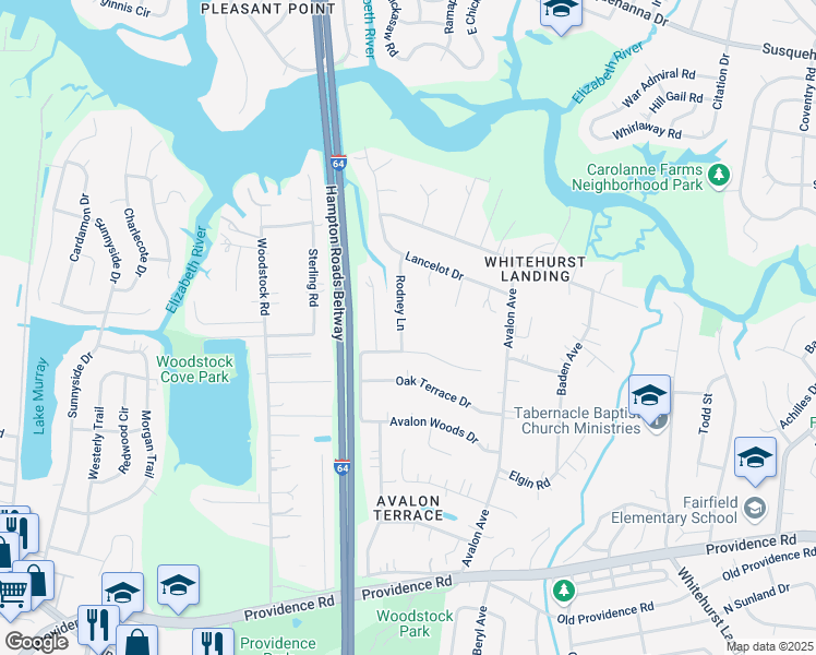 map of restaurants, bars, coffee shops, grocery stores, and more near 532 Rodney Lane in Virginia Beach