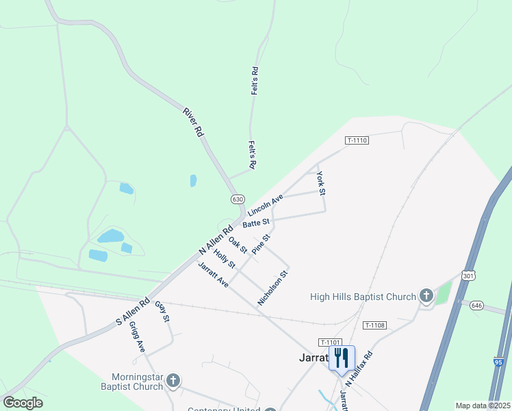 map of restaurants, bars, coffee shops, grocery stores, and more near 208 Lincoln Avenue in Jarratt