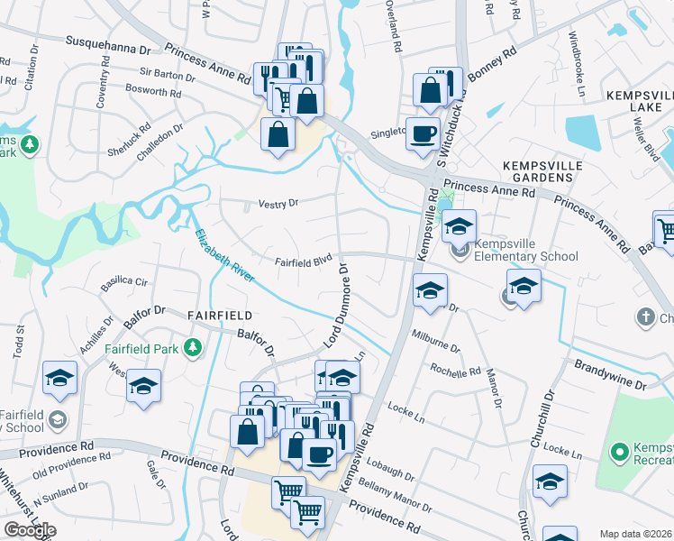map of restaurants, bars, coffee shops, grocery stores, and more near 605 Lord Dunmore Drive in Virginia Beach