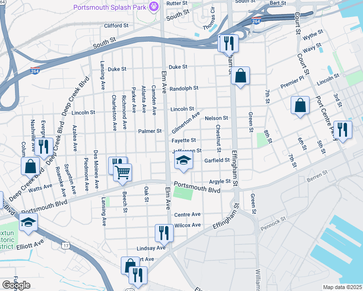 map of restaurants, bars, coffee shops, grocery stores, and more near 2206 Pearl Street in Portsmouth