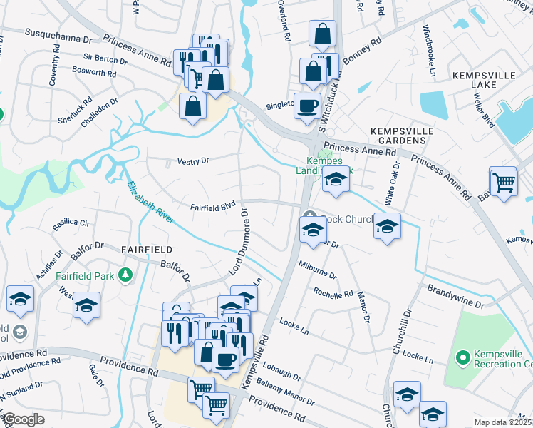 map of restaurants, bars, coffee shops, grocery stores, and more near 617 Rolleston Court in Virginia Beach