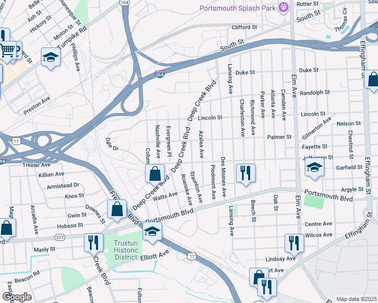 map of restaurants, bars, coffee shops, grocery stores, and more near 2114 Staunton Avenue in Portsmouth
