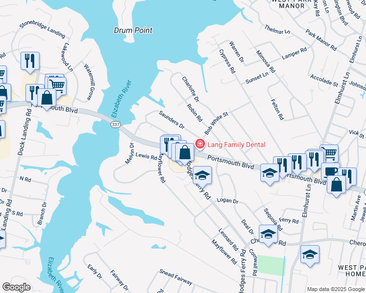 map of restaurants, bars, coffee shops, grocery stores, and more near 807 Melvin Drive in Portsmouth
