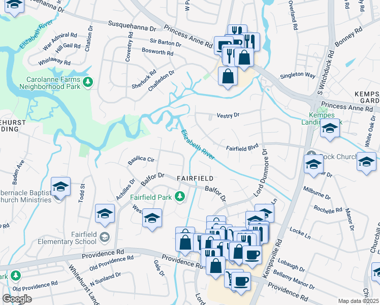 map of restaurants, bars, coffee shops, grocery stores, and more near 640 Rosaer Lane in Virginia Beach