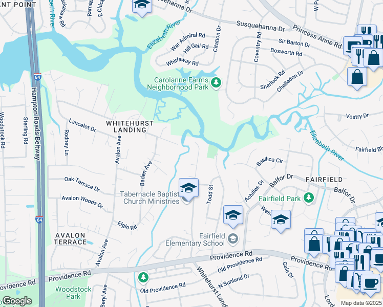 map of restaurants, bars, coffee shops, grocery stores, and more near 617 Whitehurst Landing Road in Virginia Beach