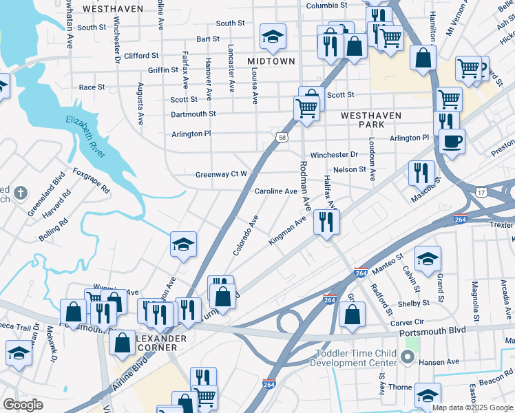 map of restaurants, bars, coffee shops, grocery stores, and more near 2012 Colorado Avenue in Portsmouth
