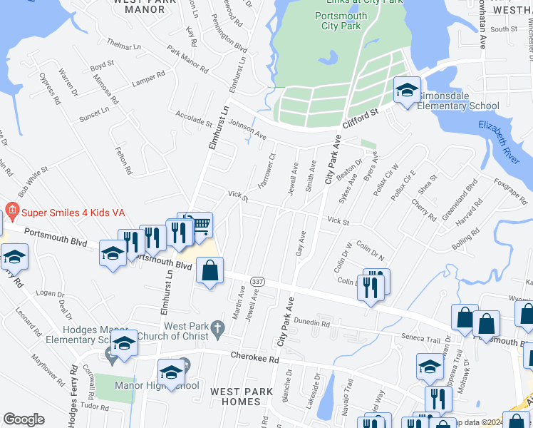 map of restaurants, bars, coffee shops, grocery stores, and more near 803 Martin Avenue in Portsmouth
